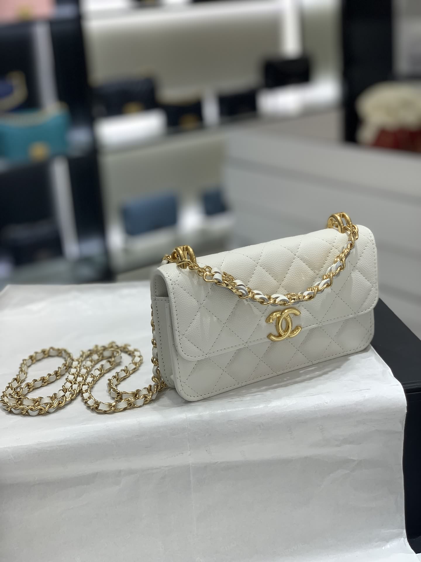 CHanel 22k秋冬新品雙鏈條手拎包系列mini-woc/法棍手機包