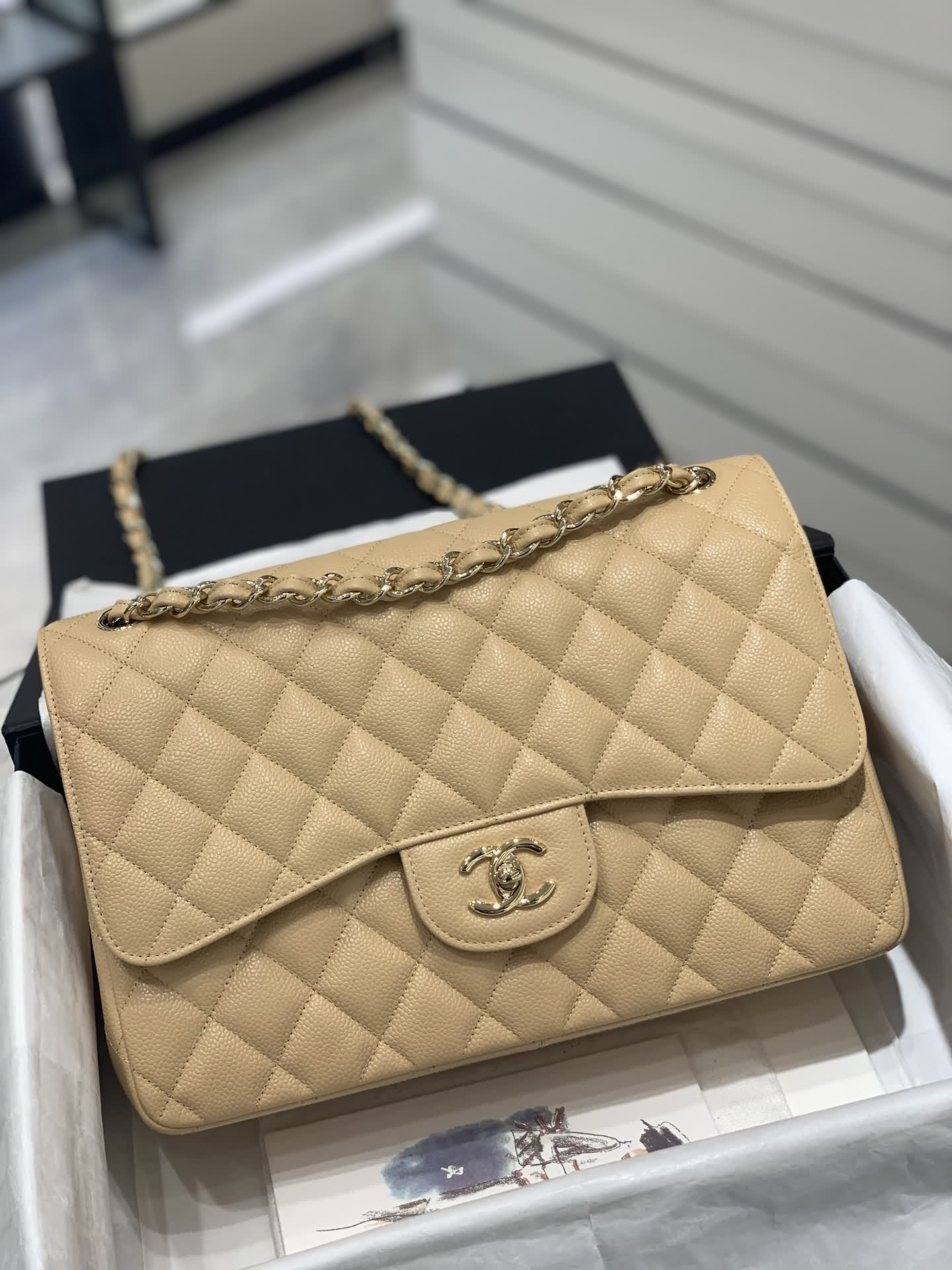 杏色荔枝紋淺金扣