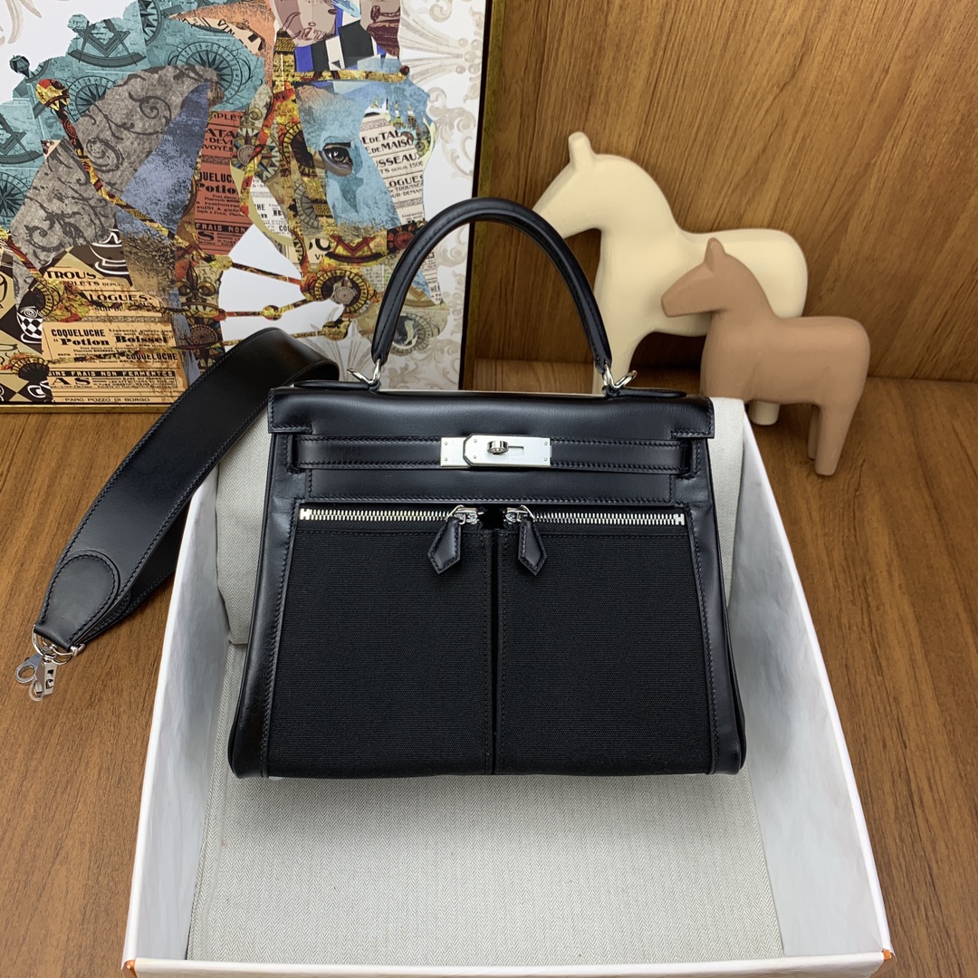 Kelly lakis 28cm box皮拼帆布 黑色 銀扣