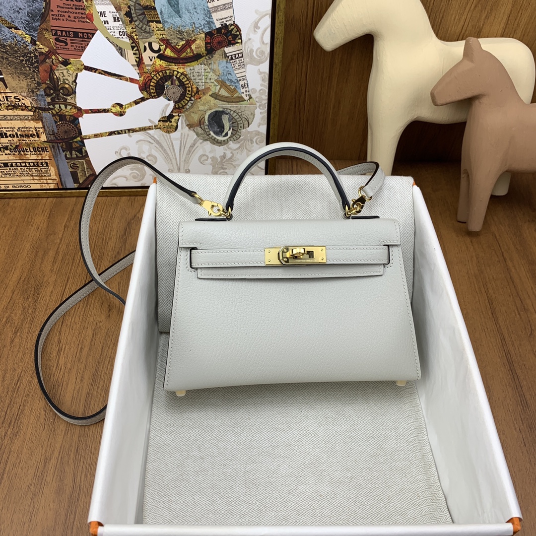 MiniKelly 二代 chevre 山羊皮 80珍珠灰 金扣