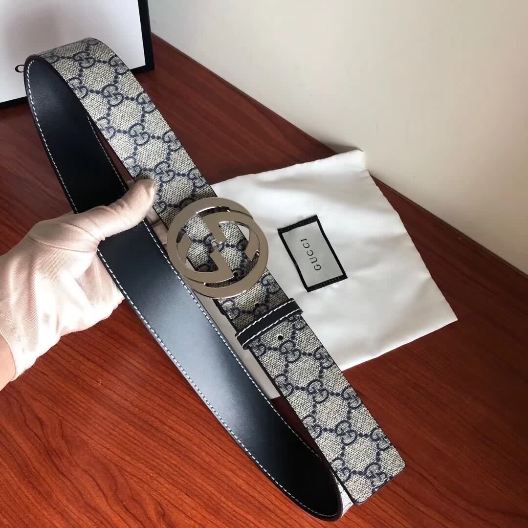 GUCCI/古馳  男士烏木色PVC配皮金屬板扣式腰帶