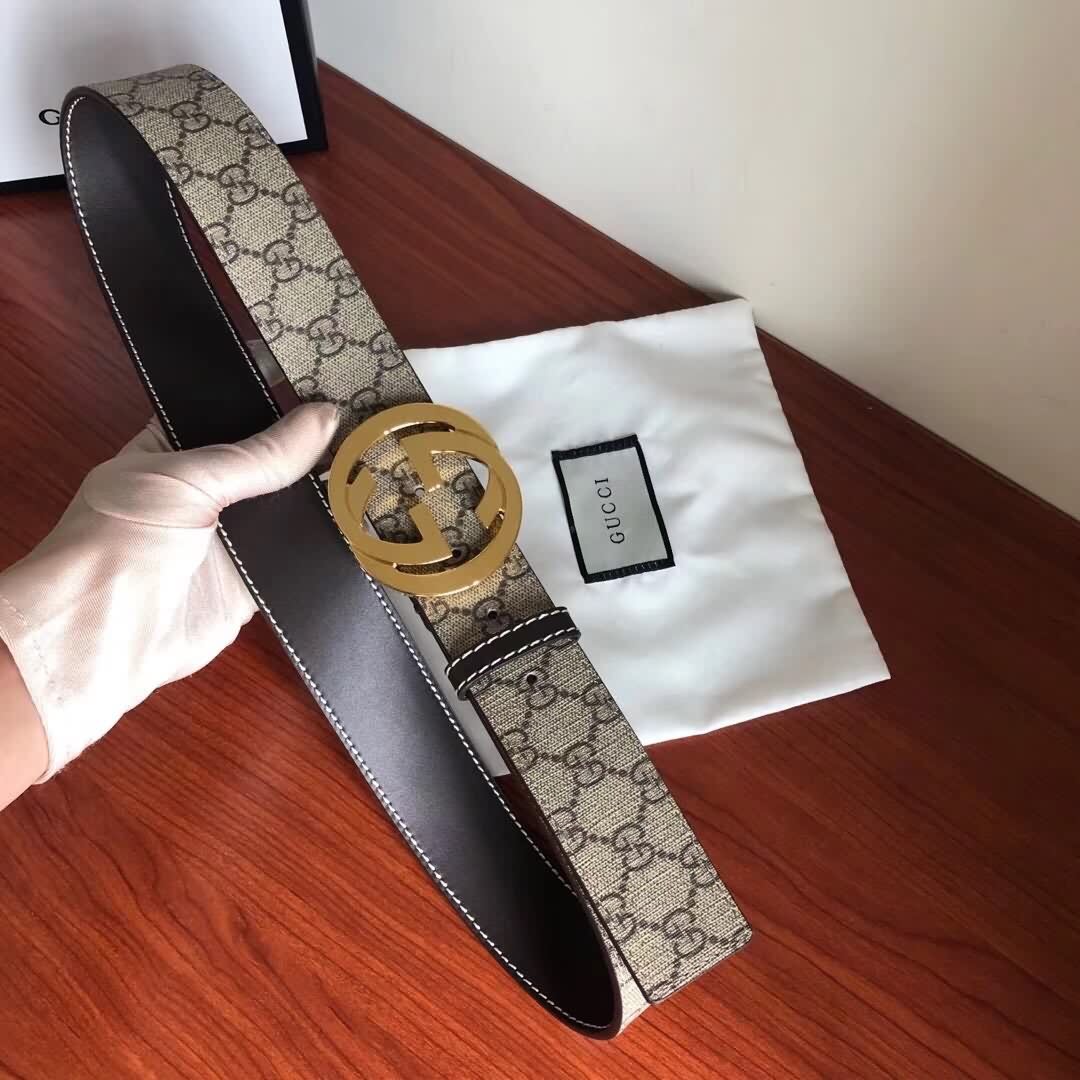 GUCCI/古馳  男士烏木色PVC配皮金屬板扣式腰帶