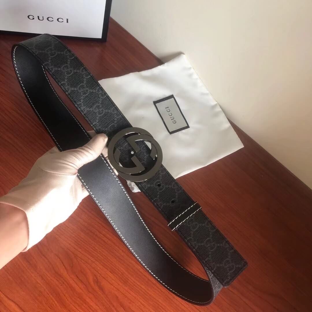 GUCCI/古馳  男士烏木色PVC配皮金屬板扣式腰帶