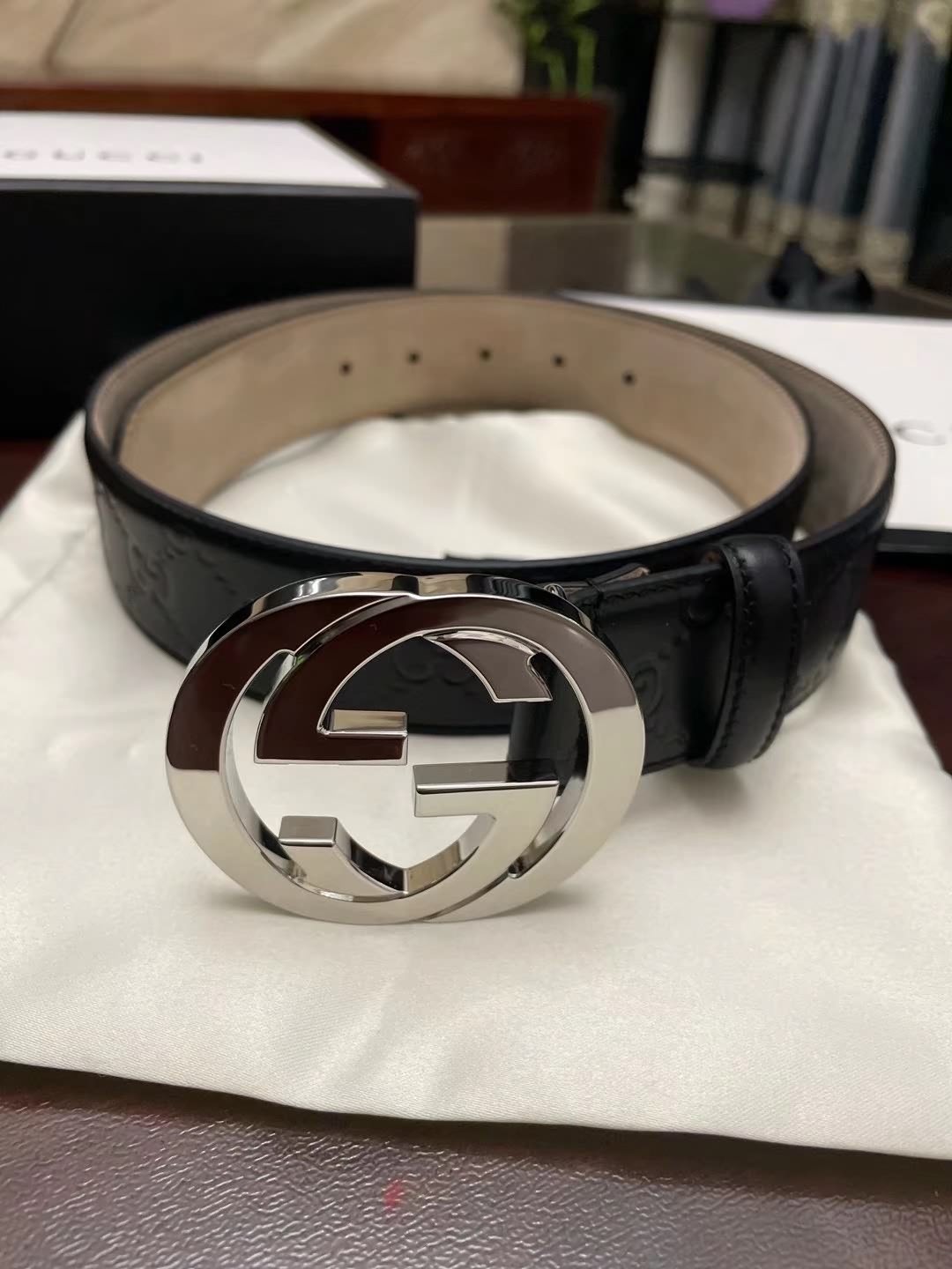 Gucci/古馳Signature皮帶男士銀色雙G壓花牛皮腰帶