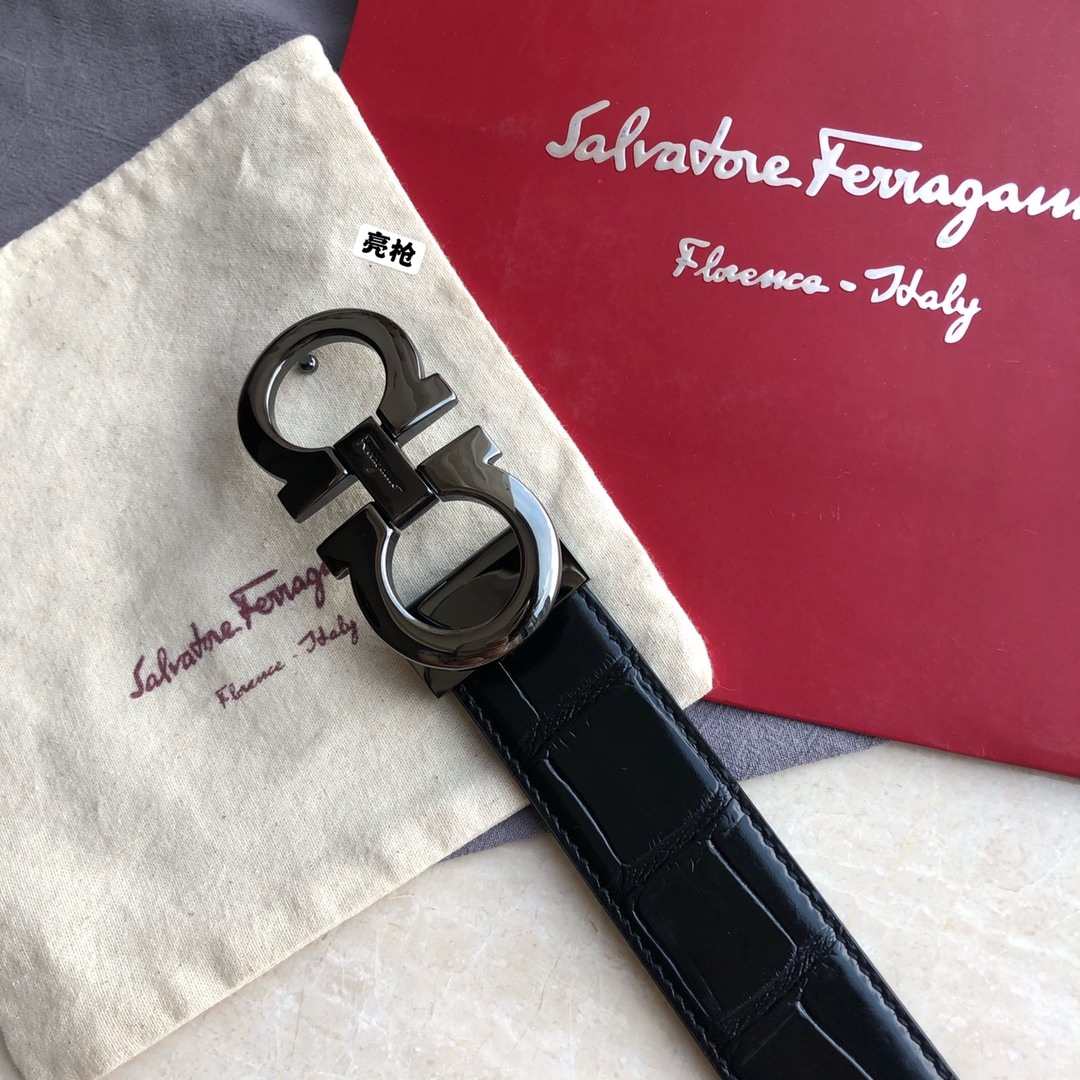Salvatore  Ferragamo菲拉格慕男士3.5cm經典亮光雙圈夾扣