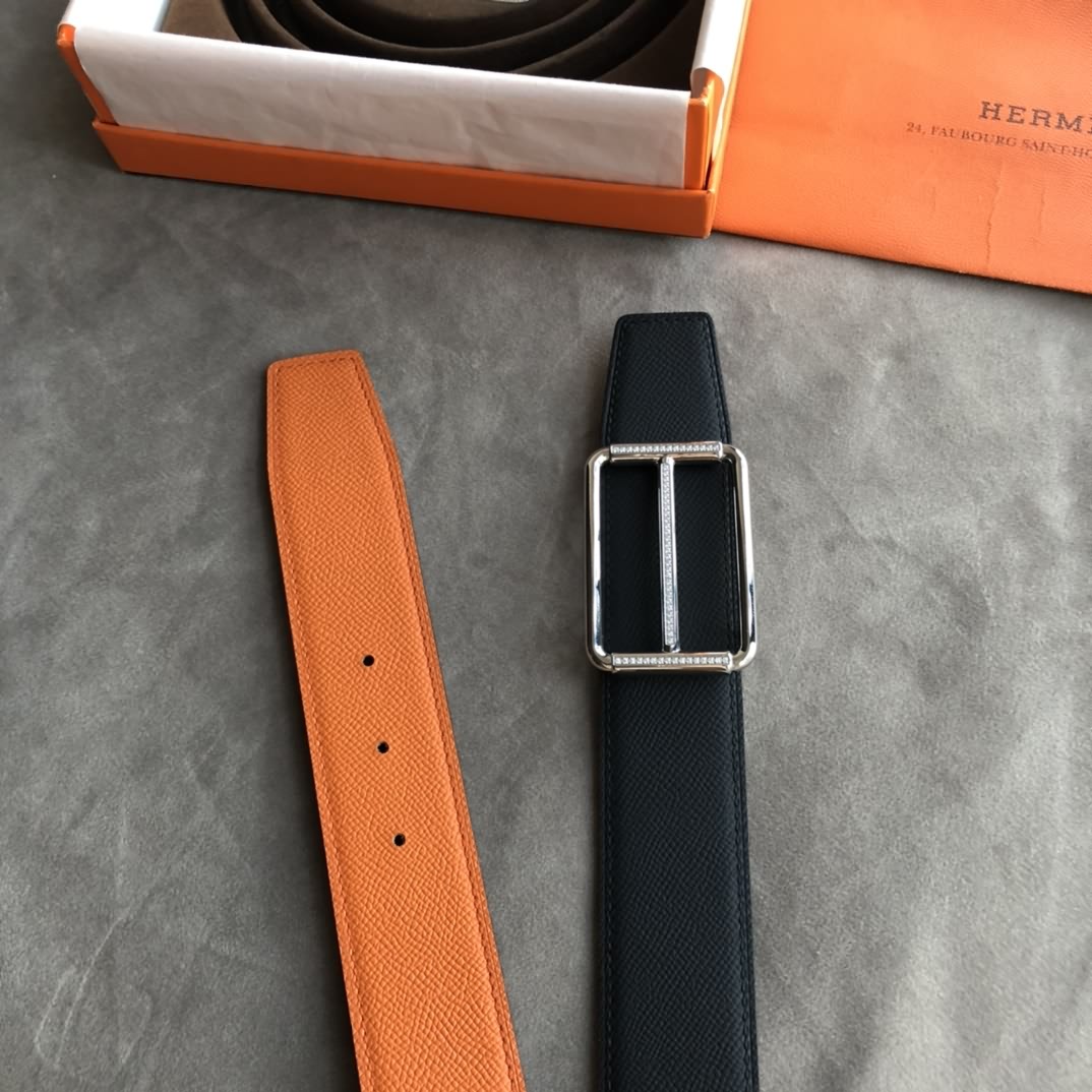 Hermes38毫米雙面皮腰帶搭配精鋼鑲嵌鑽金屬掛扣