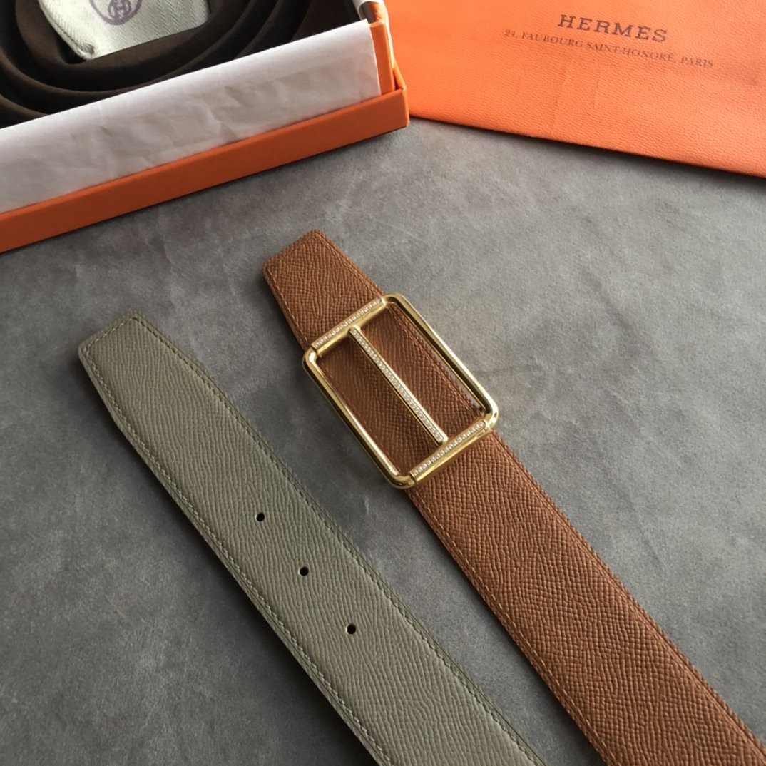 Hermes38毫米雙面皮腰帶搭配精鋼鑲嵌鑽金屬掛扣