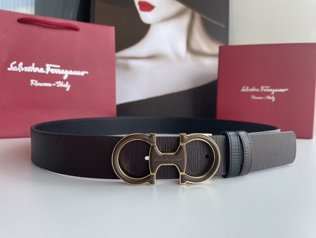 Ferragamo菲拉格慕男士精緻亞克力金屬扣，頭層牛皮雙面外用腰帶