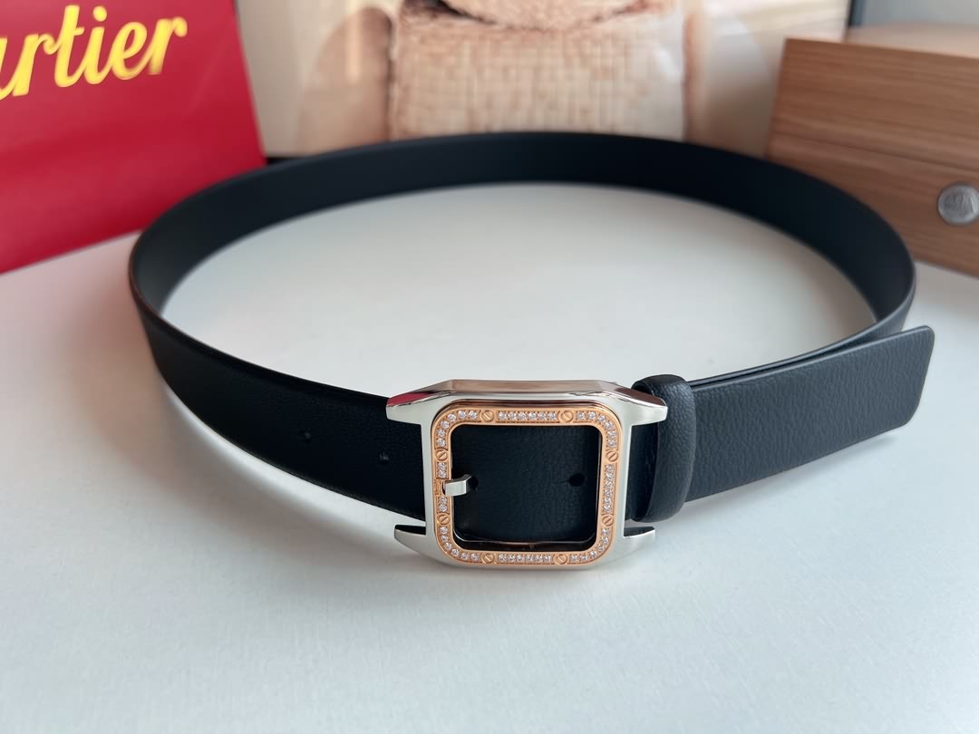 Cartier 精鋼鑲嵌鑽針式扣搭配頭層牛皮