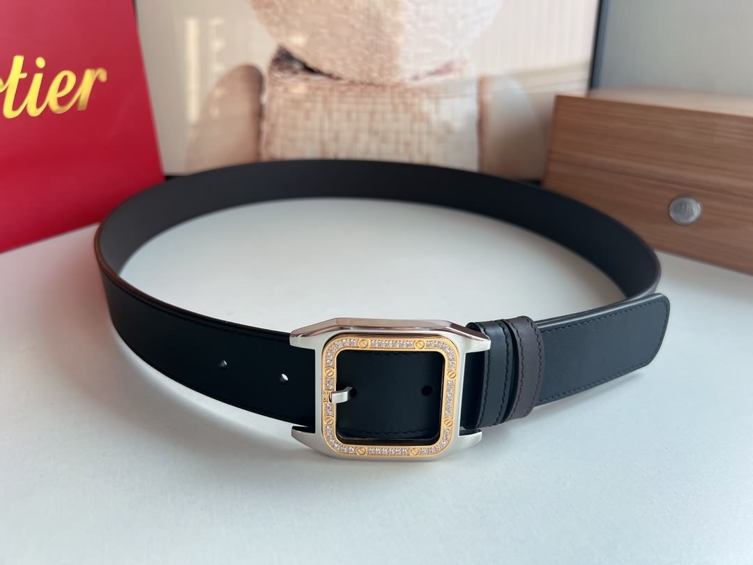 Cartier 精鋼鑲嵌鑽針式扣搭配頭層牛皮