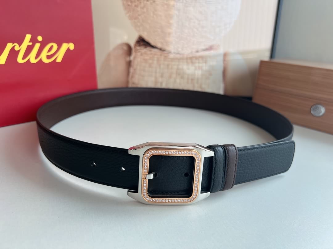 Cartier 精鋼鑲嵌鑽針式扣搭配頭層牛皮