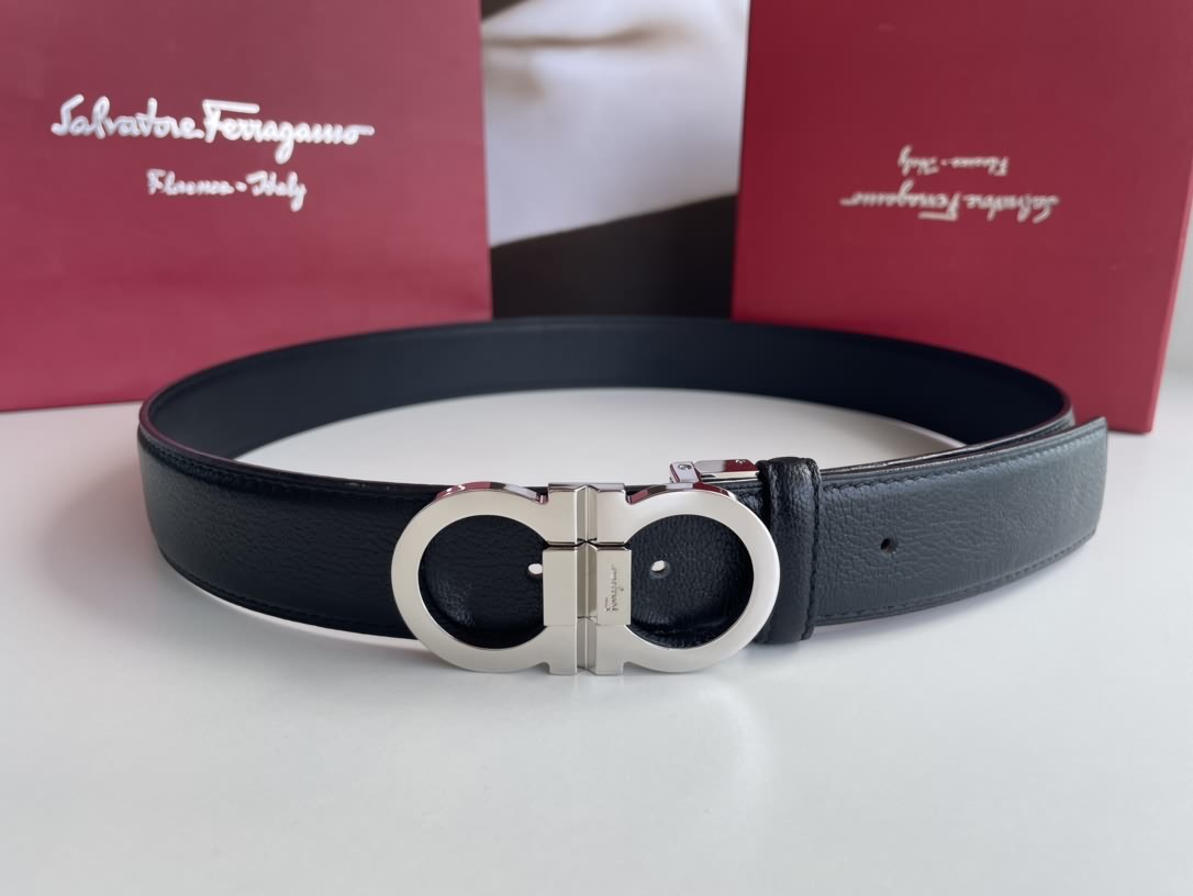 Salvatore  Ferragamo菲拉格慕男士3.5cm精緻專櫃版型雙圈馬蹄金屬扣