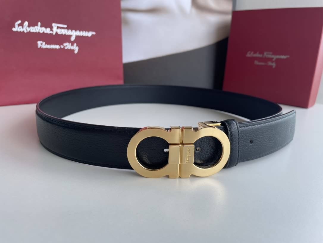 Salvatore  Ferragamo菲拉格慕男士3.5cm精緻專櫃版型雙圈馬蹄金屬扣
