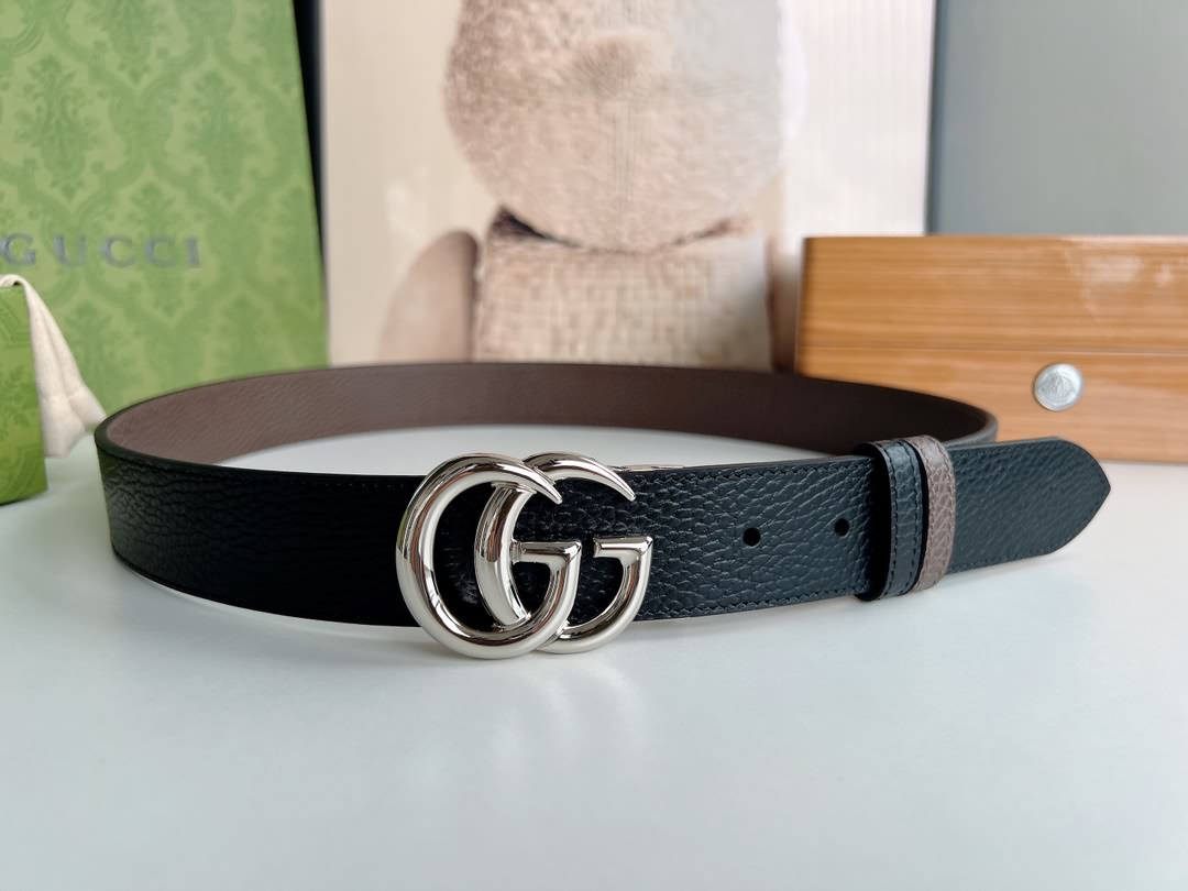 Gucci古馳3.5cm全皮黑色咖啡雙G金扣/銀扣腰帶