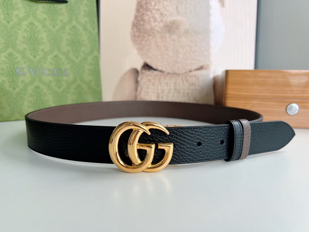 Gucci古馳3.5cm全皮黑色咖啡雙G金扣/銀扣腰帶