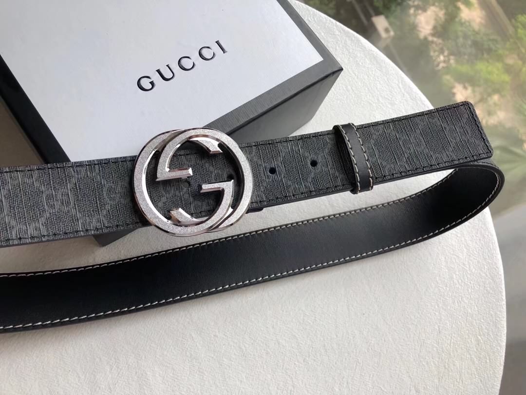 古馳男士PVC配皮雙G精鋼滾砂金屬扣