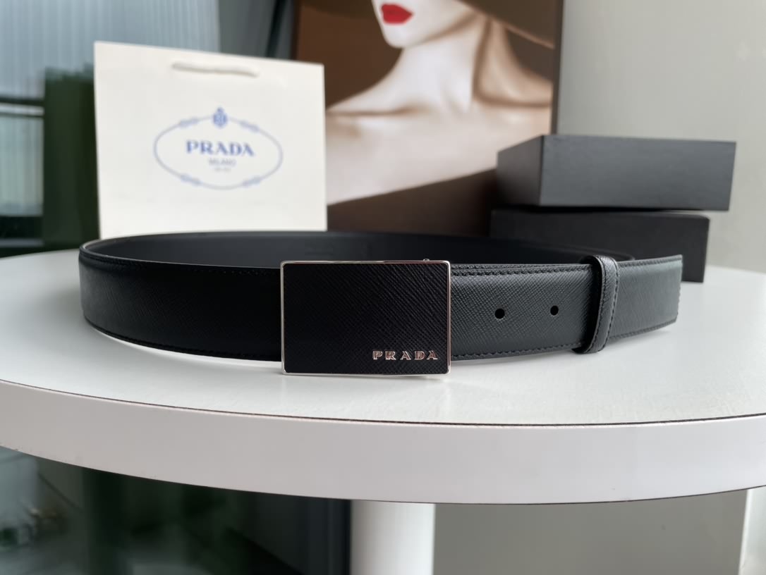Prada 普拉達男士黑色logo扣環貼皮金屬扣牛皮腰帶