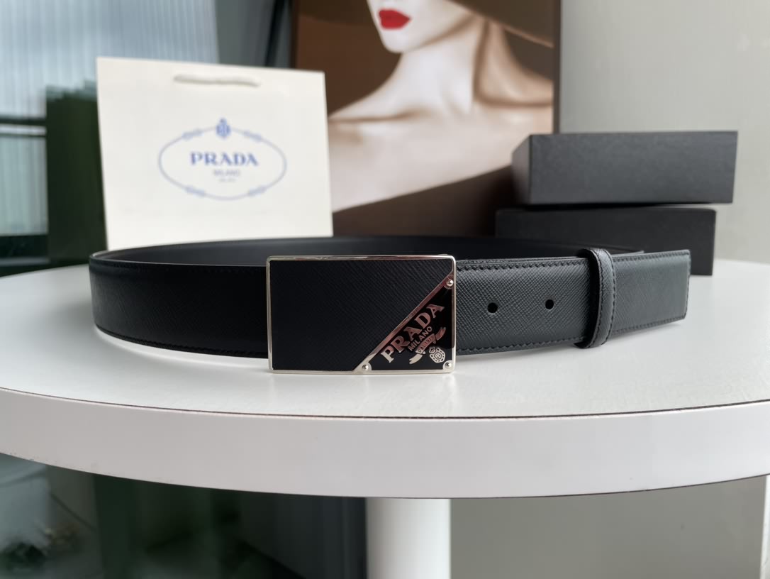 Prada 普拉達男士黑色logo扣環貼皮金屬扣牛皮腰帶