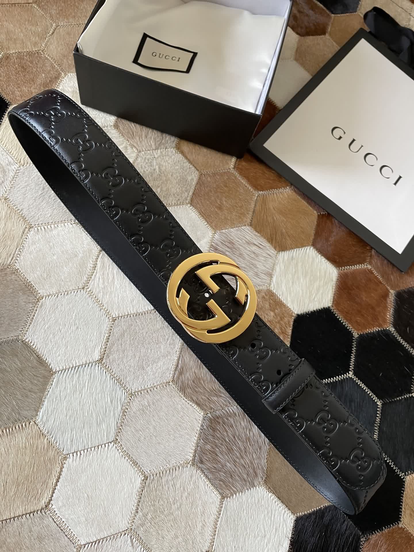 Gucci/古馳男款互扣式雙G金屬扣腰帶