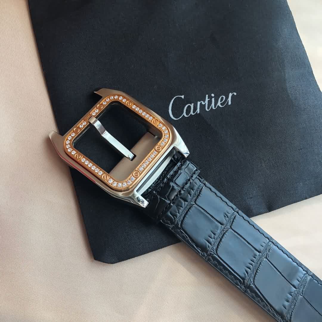 Cartier 鋼鑲嵌鑽針式扣搭配頭層牛皮