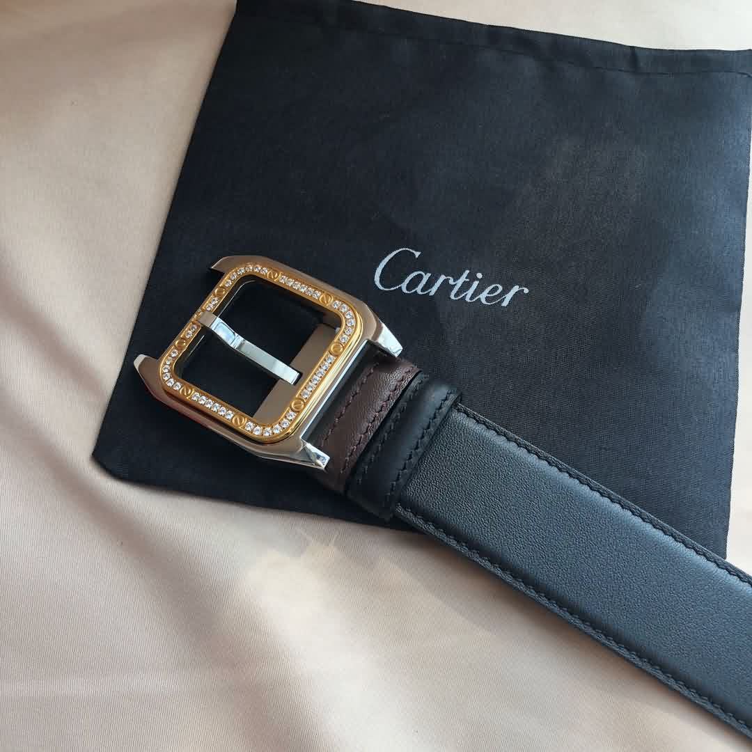Cartier 鋼鑲嵌鑽針式扣搭配頭層牛皮