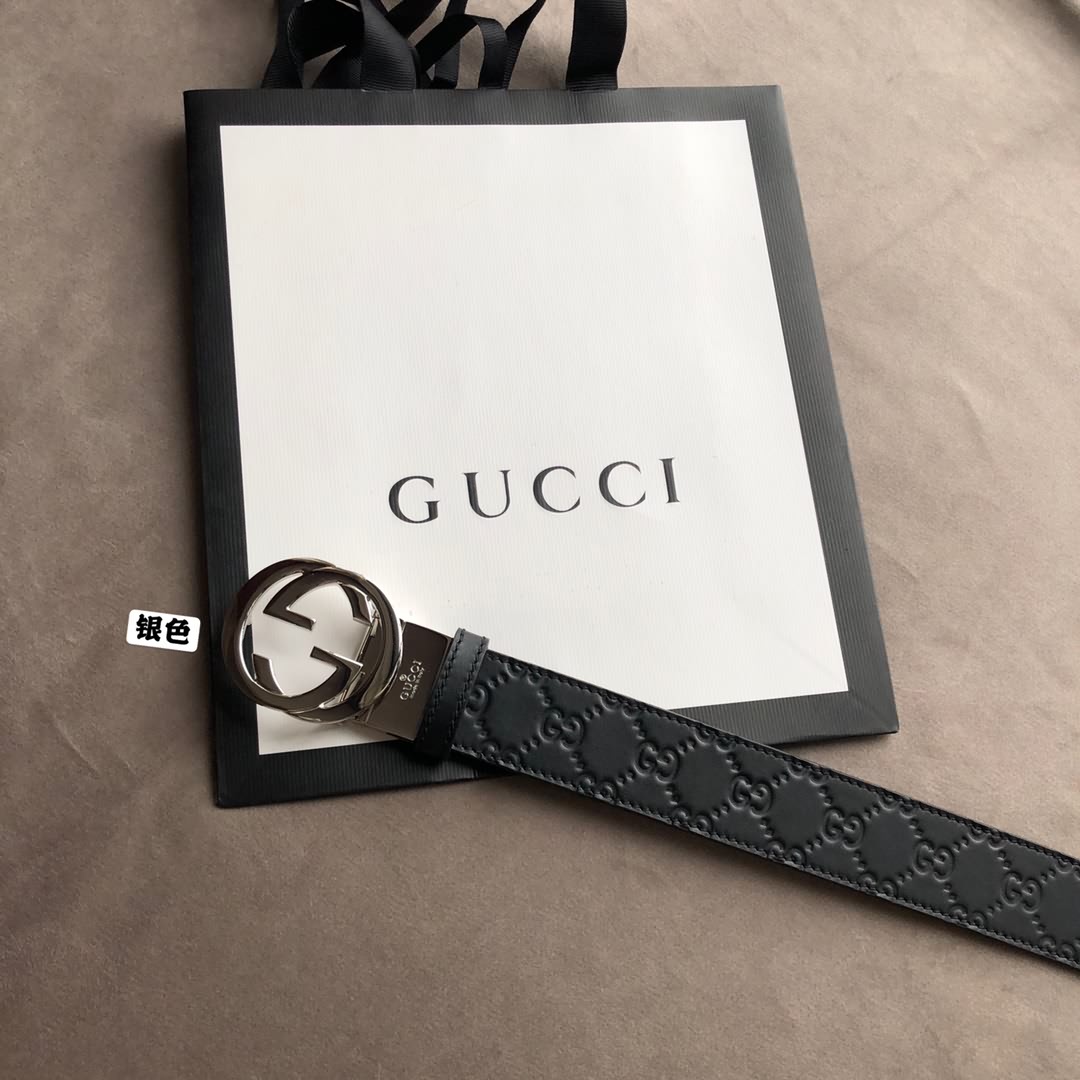 Gucci古馳男士頭層牛皮壓花金屬旋轉扣腰帶