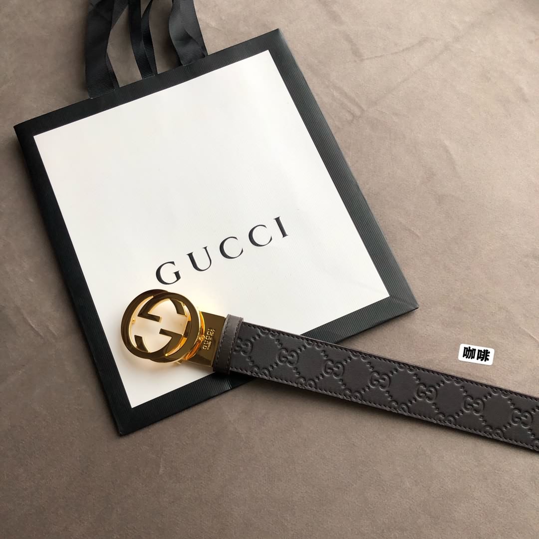 Gucci古馳男士頭層牛皮壓花金屬旋轉扣腰帶