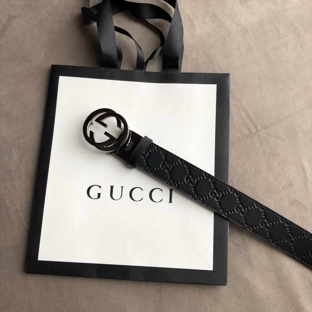 Gucci古馳男士頭層牛皮壓花金屬旋轉扣腰帶