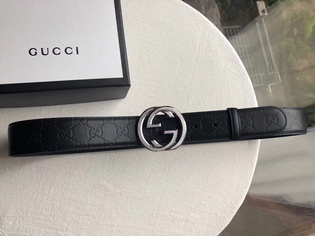 GUCCI古馳Signature男士精鋼雙G 頭層牛皮腰帶