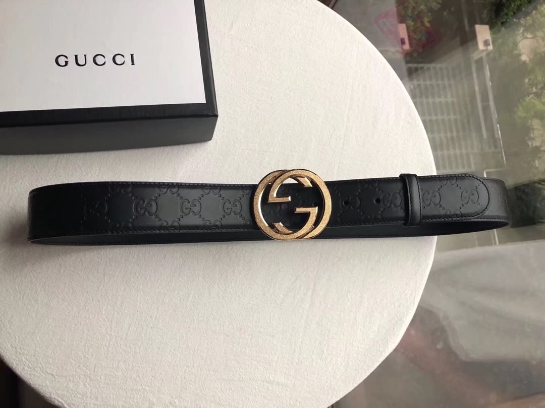 GUCCI古馳Signature男士精鋼雙G 頭層牛皮腰帶