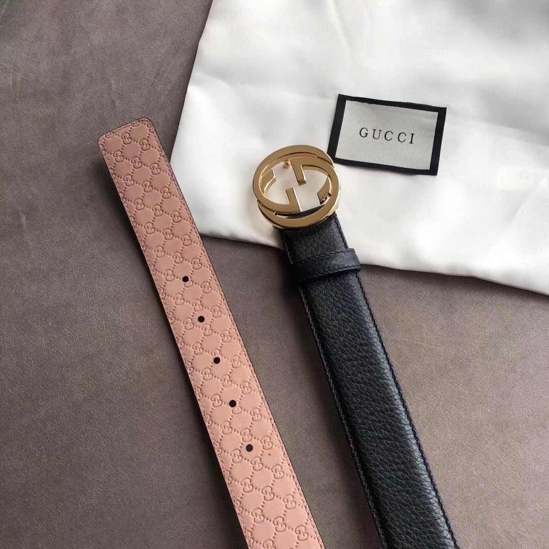 Gucci古馳新款3.5cm男女同款全皮黑色金扣/銀扣GG腰帶