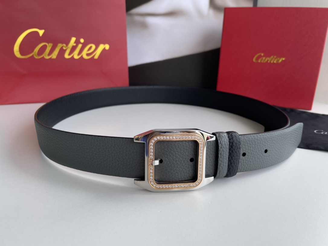 Cartier 精鋼鑲嵌鑽針式扣搭配頭層牛皮
