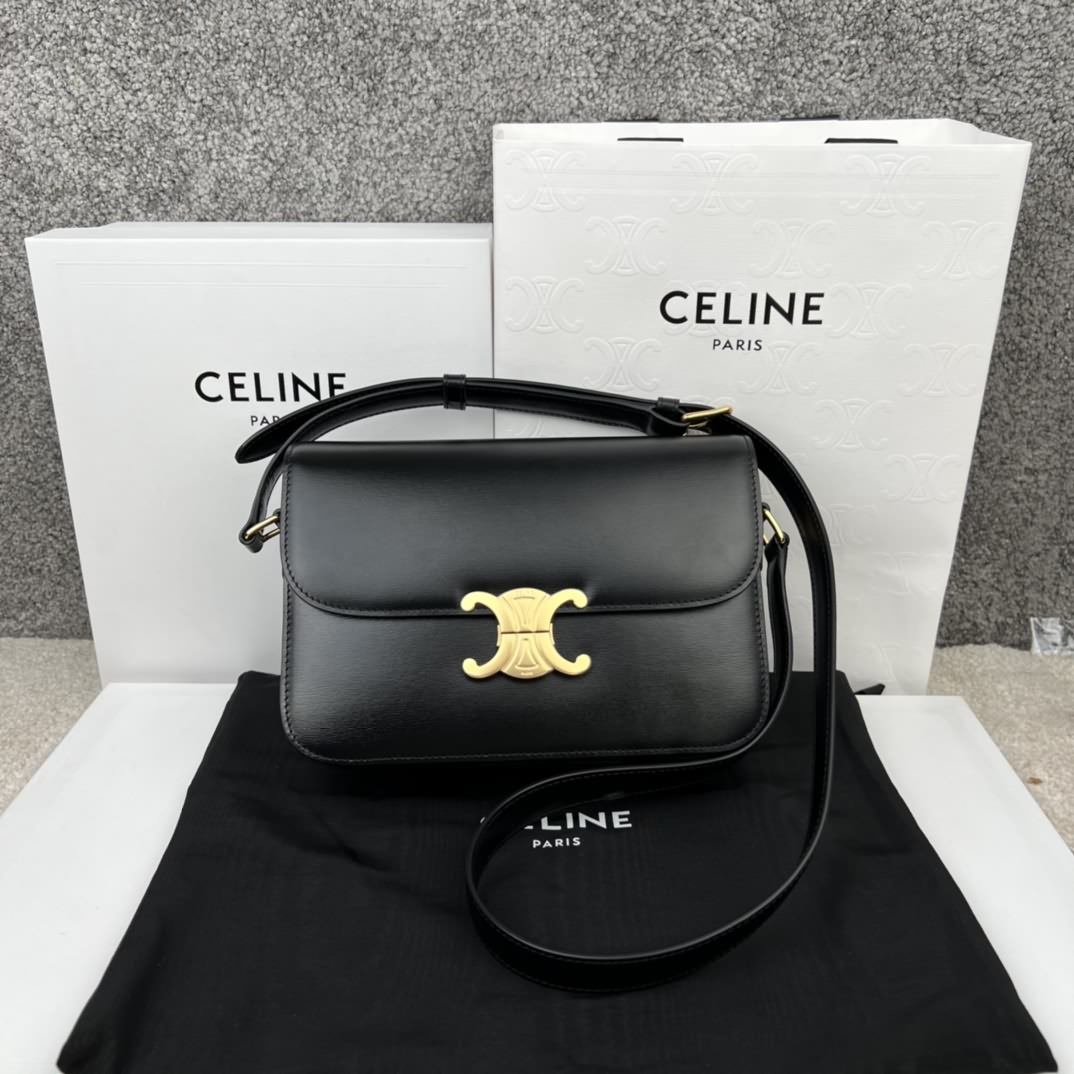 TRIOMPHE 黑色中號亮澤小牛皮肩背包
