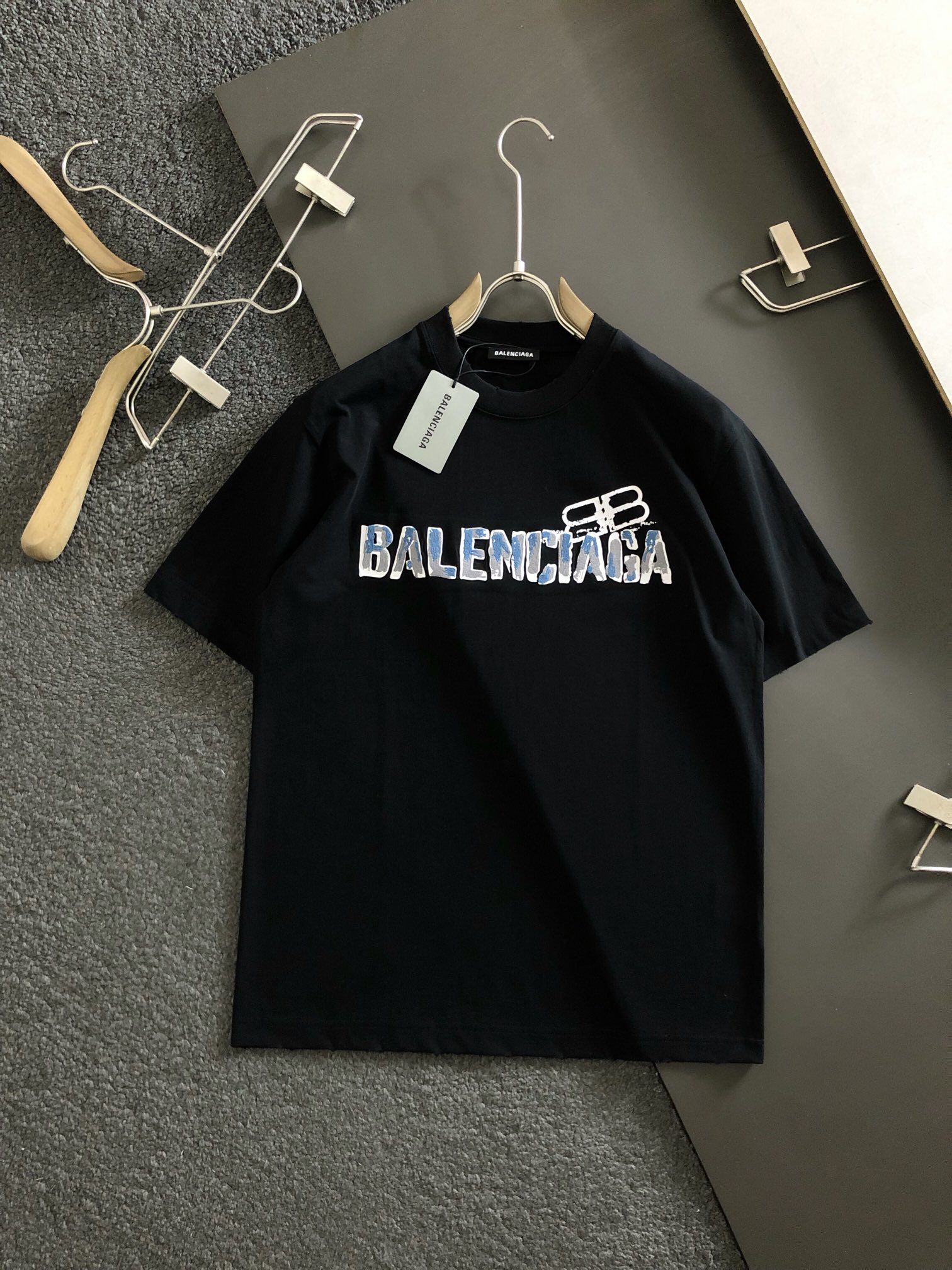 BA*寬鬆版型 黑白雙色印花融合字母刺繡工藝水洗磨破百搭圓領潮流短袖