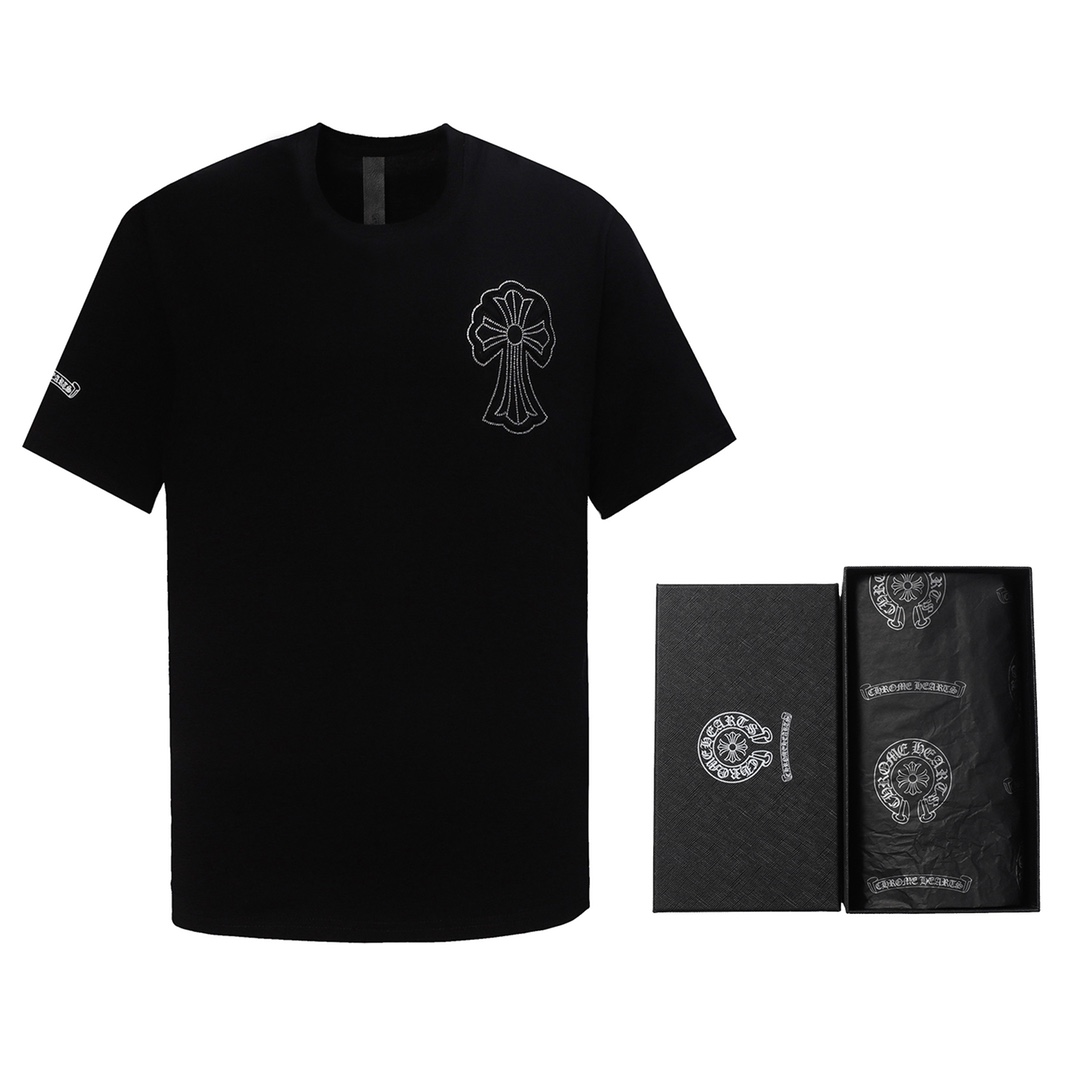 Chrome Hearts CH 克羅心重工十字架貼皮袖梵文燙鑽印花五金短袖T桖
