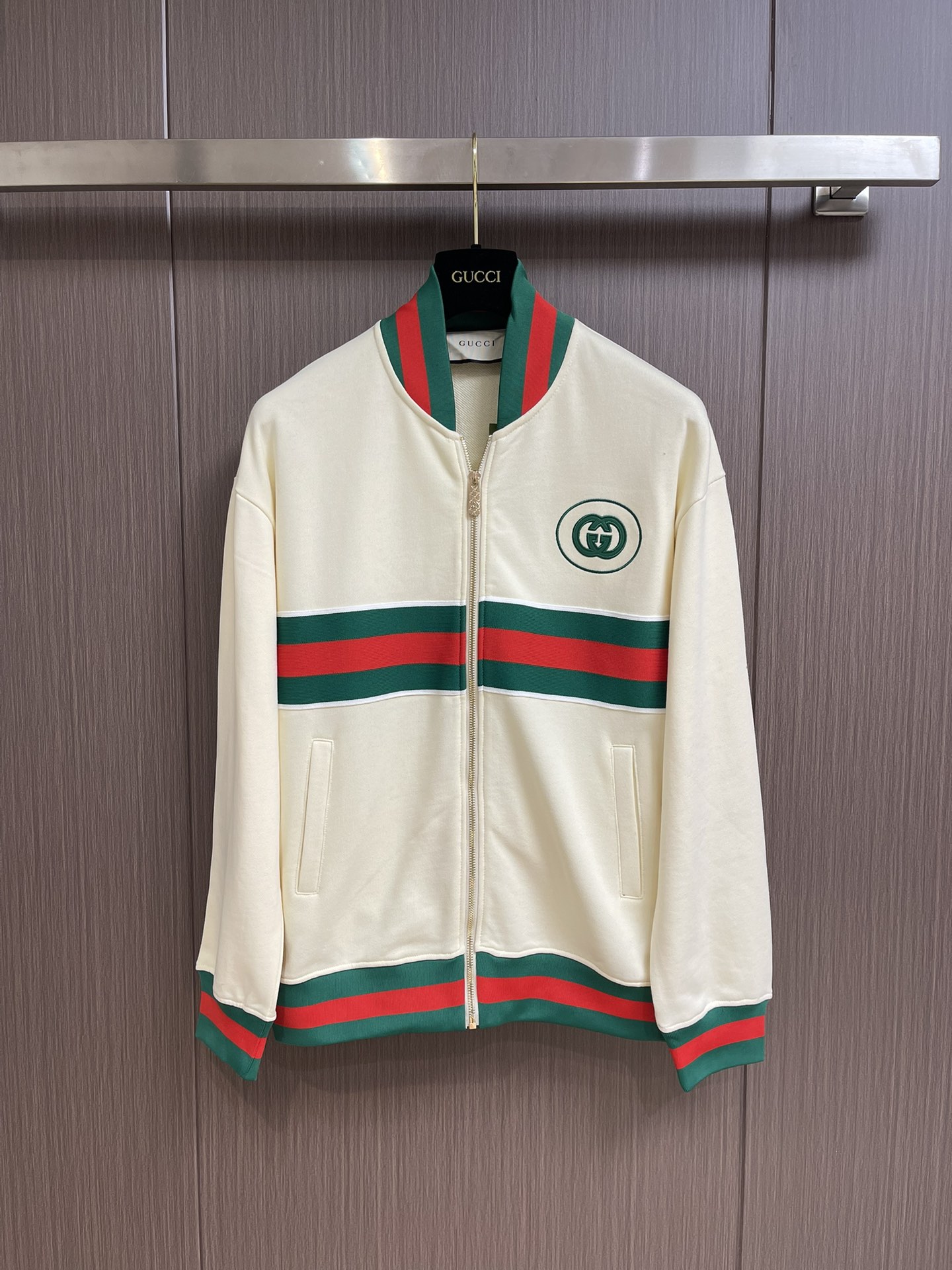 GUCCI 紅綠織帶拼接字母 logo 拉鏈外套