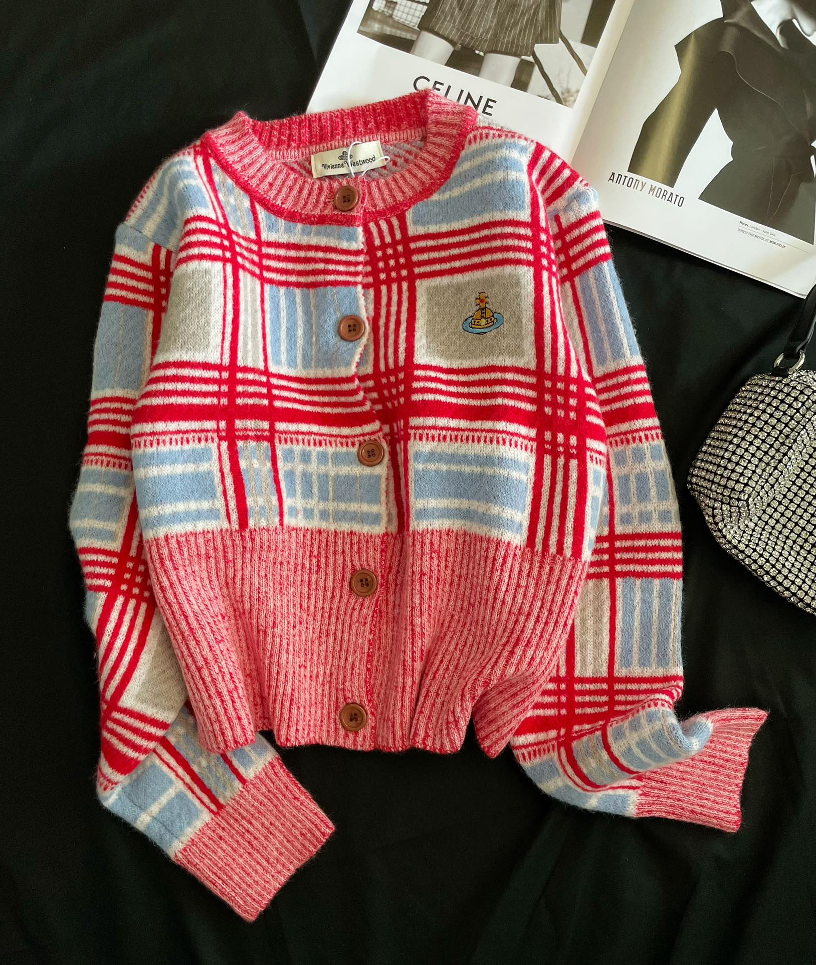 * 西太后土星復古格紋撞色刺繡開衫毛衣