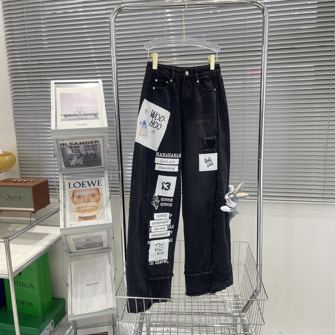秋冬新款兔八哥聯名系列重工刺繡休閒寬鬆牛仔長褲