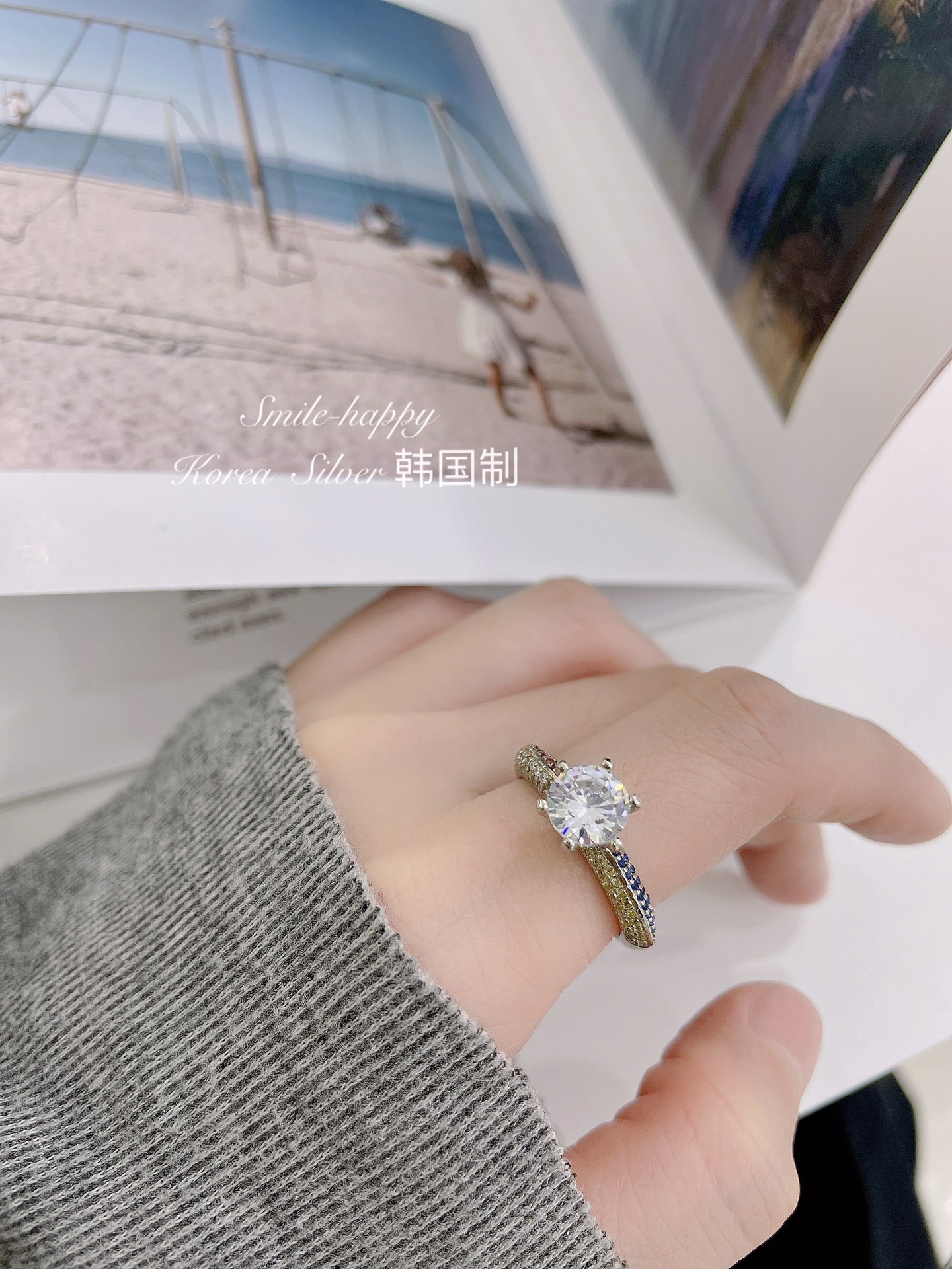 韓版東大門ins風彩色單鑽戒指