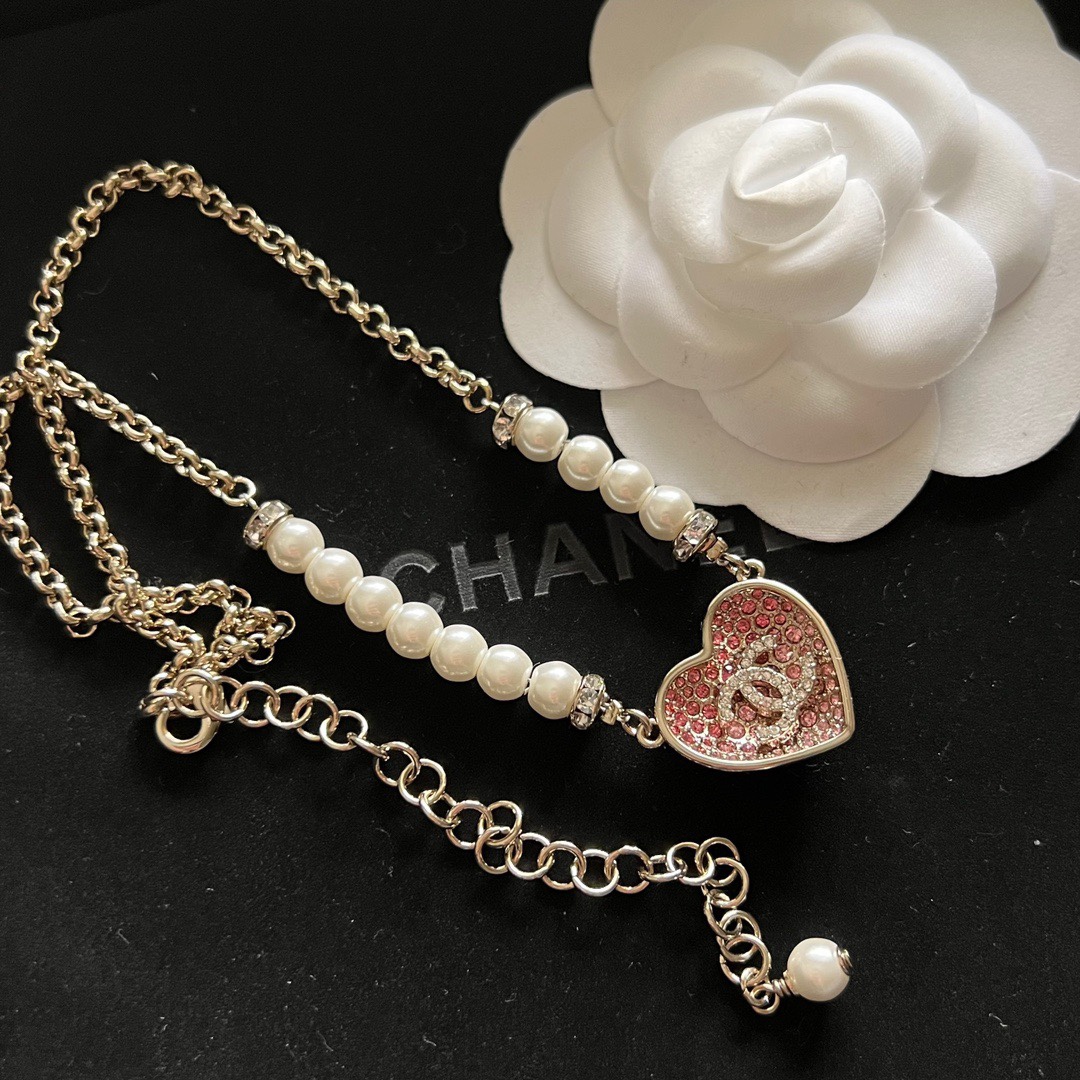 23P新款漸變粉鑽金色雙C愛心珍珠項鏈