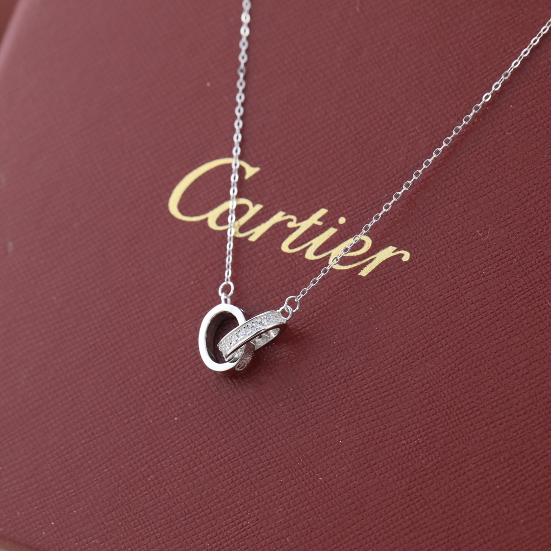 s925純銀卡地亞雙環微鑲滿鑽項鏈