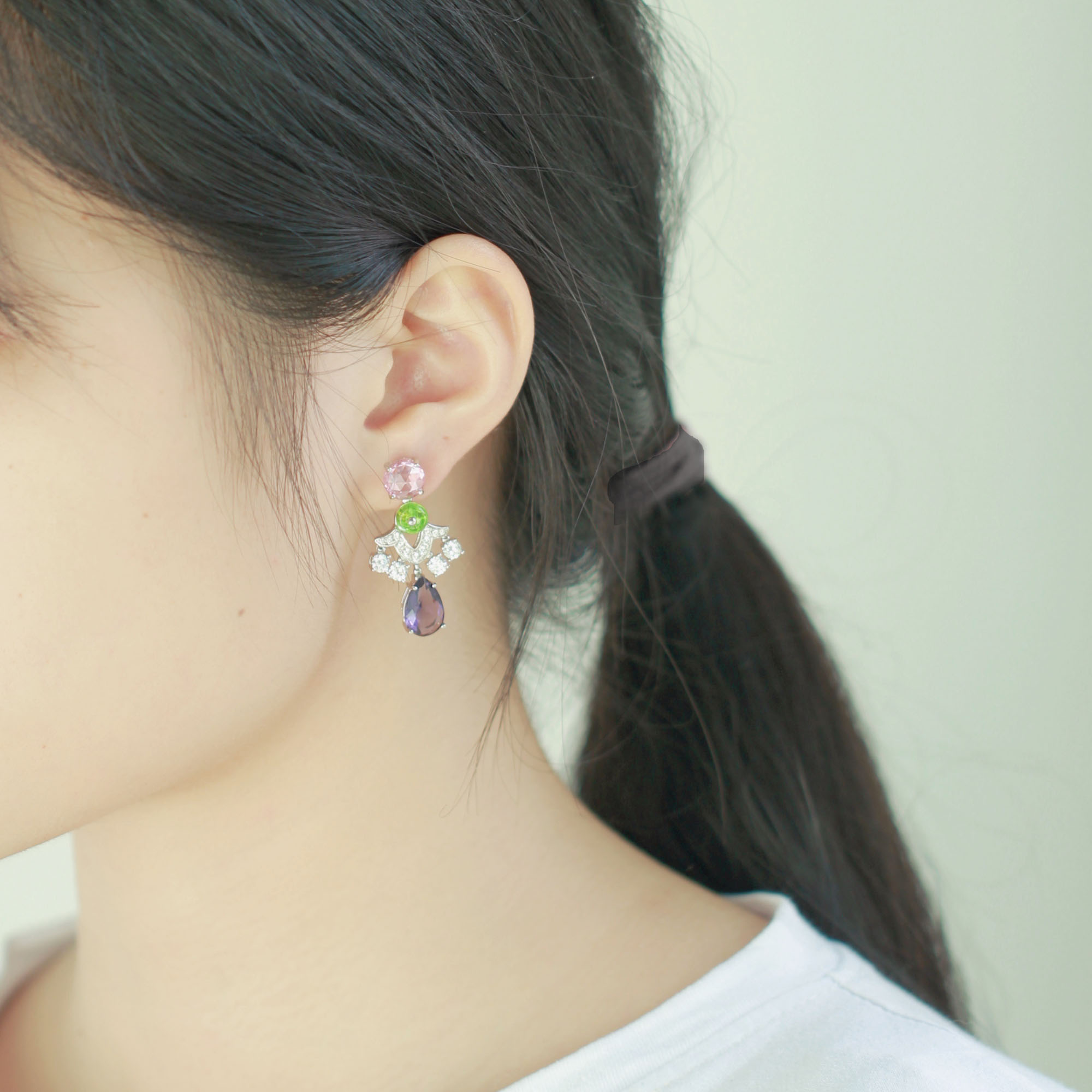 歐美潮牌粉色星光彩寶耳環